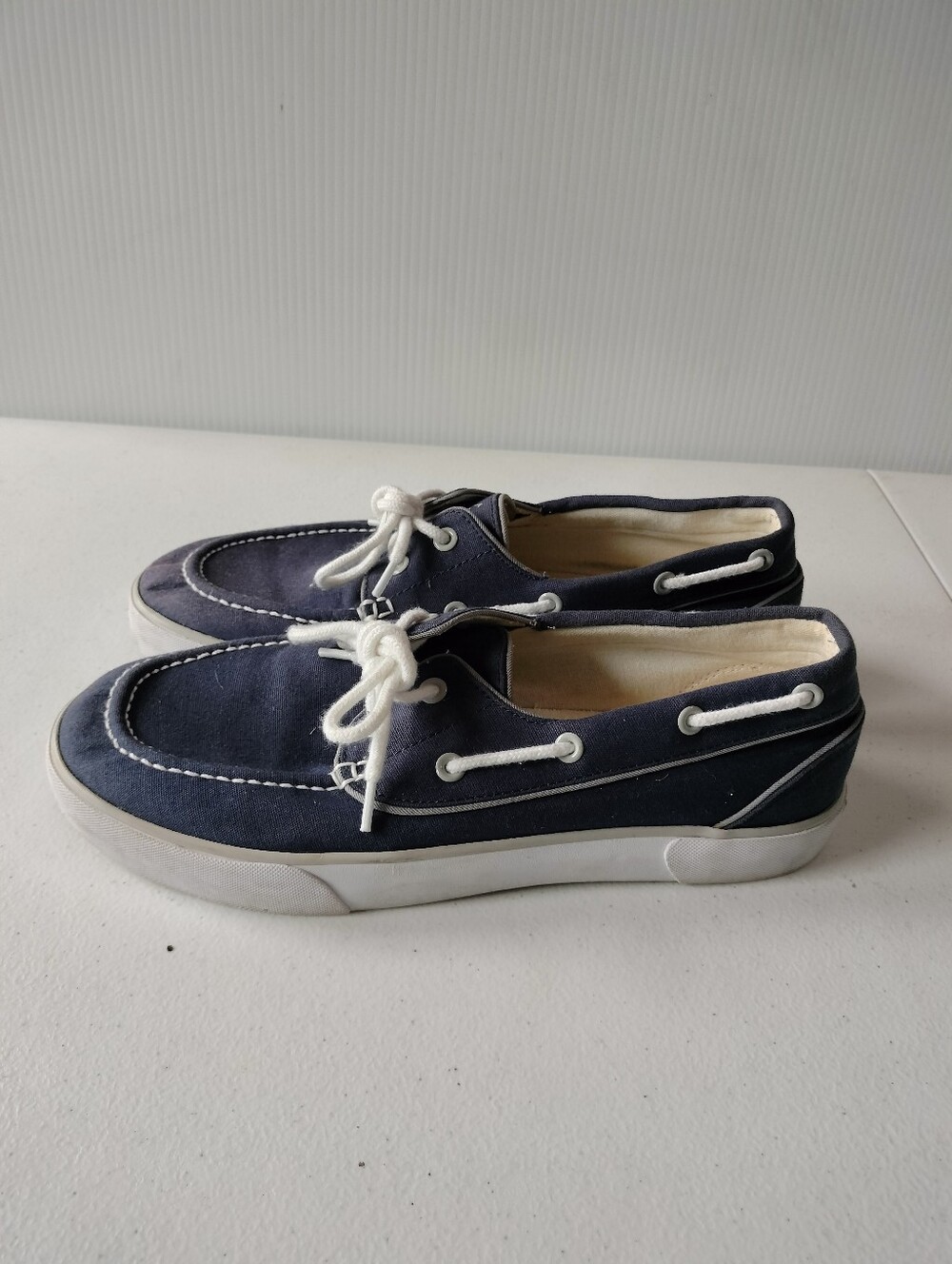 Polo Ralph Lauren Lander Navy White Canvas Boat Shoes 9 Vacation Cruise Preppy